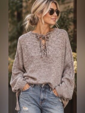White Crow by Anthropologie Lace-Up Sweater in Oatmeal - *Oversized*